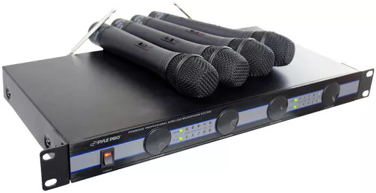Pyle PDWM5000 Rack Mount Wireless Hand Held 4 Quad VHF Microphone Mic System Kit