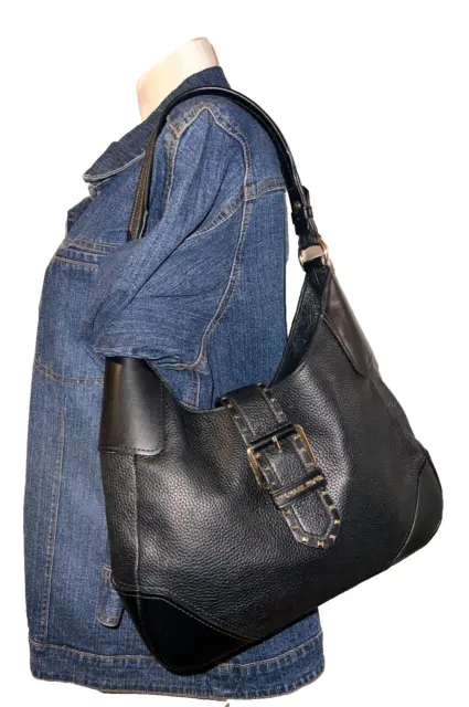MICHAEL KORS Purse Black Leather Pebbled LILLIAN Studded Hobo Shoulder Bag