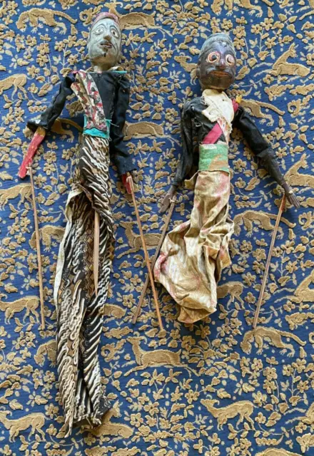 Pair of Antique Folk Art BURMESE Handcarved Wooden Puppet Marionette Dolls