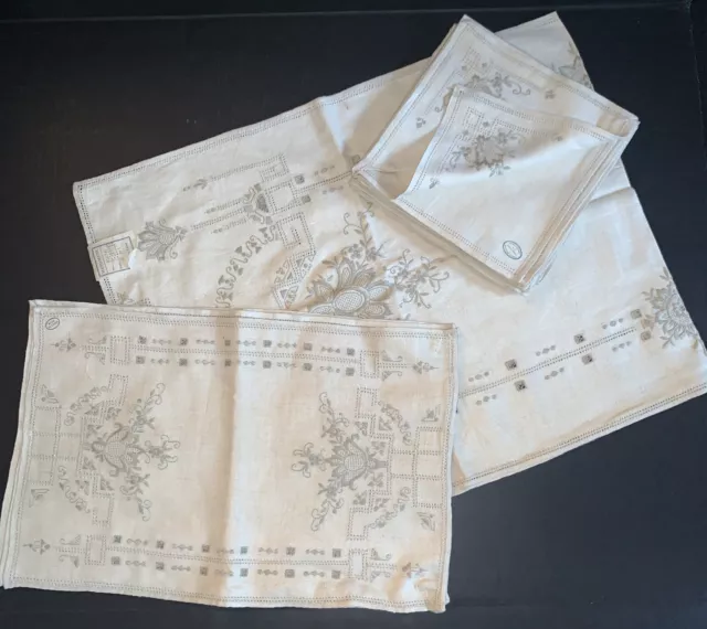 Antique Linen Placemats Runner Napkin 17pc. Deco Handmade Embroidered Picot Edge