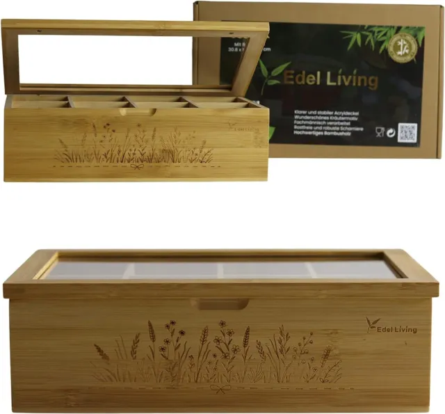 Edel Living Bambus Teebox mit Kräuter Gravur, weihnachtstee Aufbewahrungsbox
