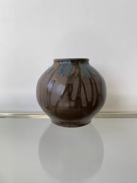Vase céramique grès marron et bleu signature