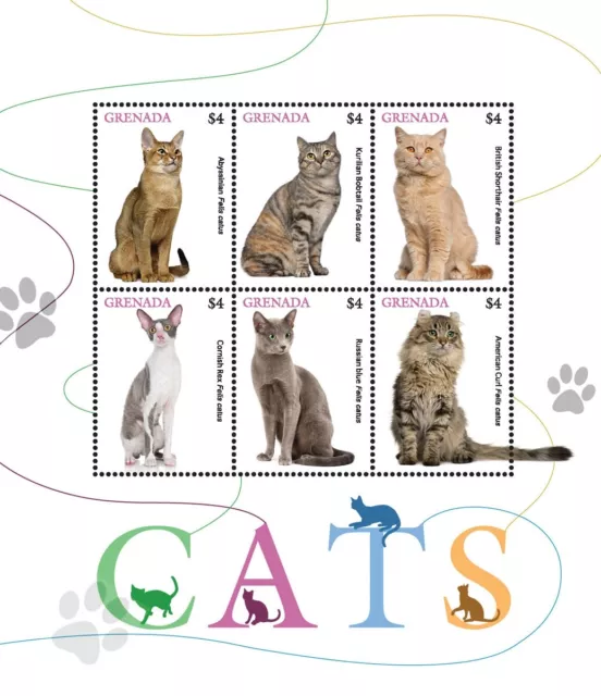 CATS (Abyssinian/Shorthair/Russian Blue/Curl/Bobtail) Stamp Sheet (2018 Grenada)