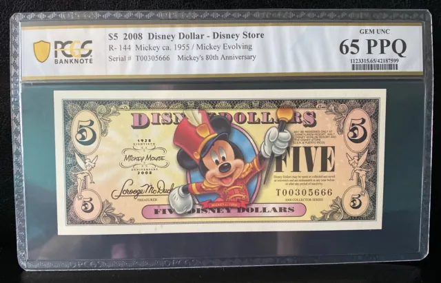 2008 $5 Disney Dollar PCGS BankNote RARE!!65 PPQ GEM UNC!!Mickey 80th#T00305666