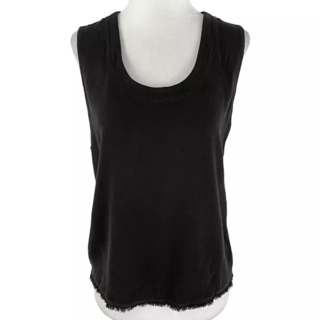 New Lanston Fringe Hem Scoop Neck Textured Tank Top Black Size XS