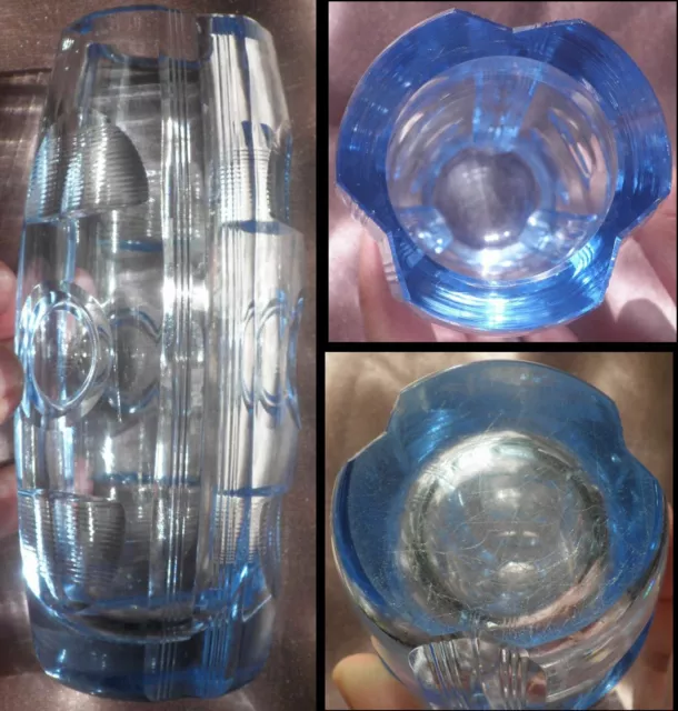 Vase ART DECO en cristal bleu taillé motifs géométriques 2