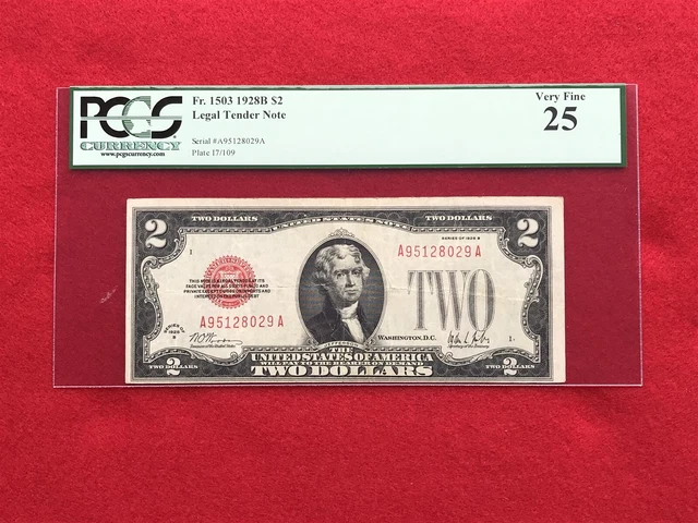 FR-1503 "KEY" 1928 B Series $2 Red Seal US Legal Tender "A-A Block" *PCGS 25 VF*