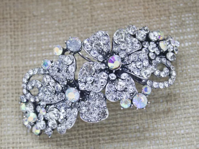 Antique Silver Tone clear Rhinestone crystal metal Hair Clip Barrette 4694