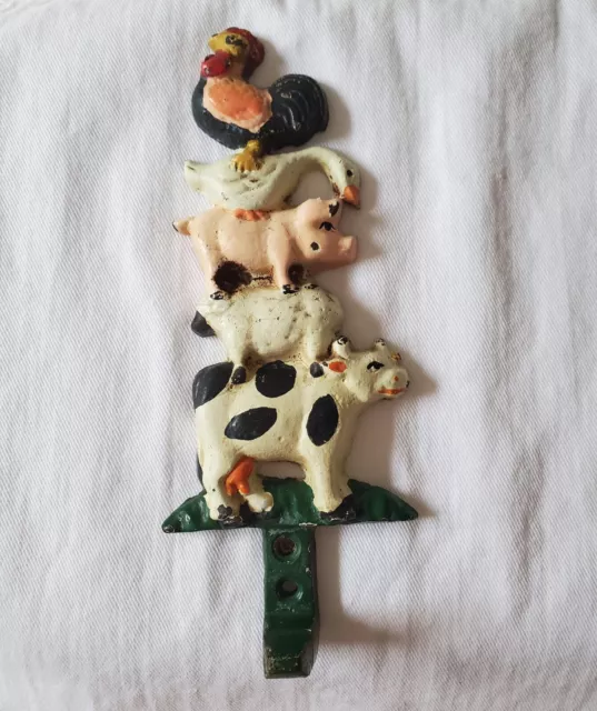 Cast Iron Hook Farm Animals Stacked Rooster, Duck, Pig, Sheep, Cow
