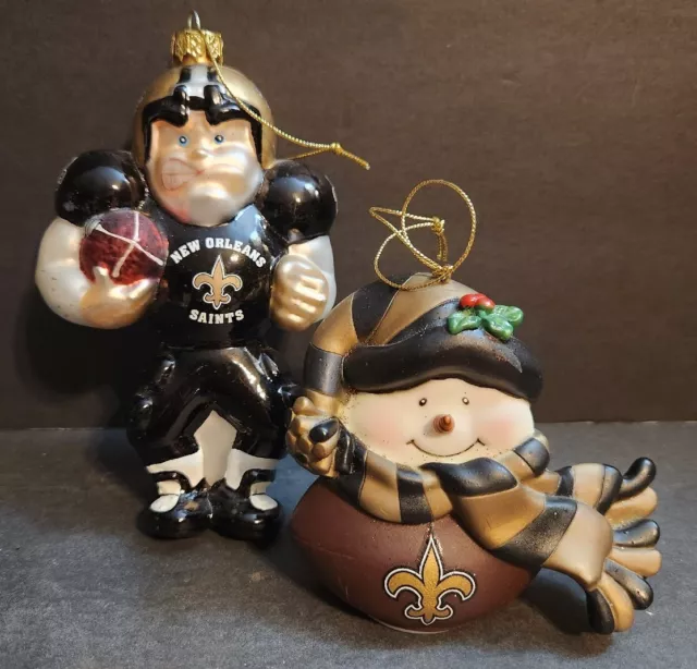 New Orleans Saints 2 Christmas Ornaments 1 Glass Football Player 1 Resin Snowman