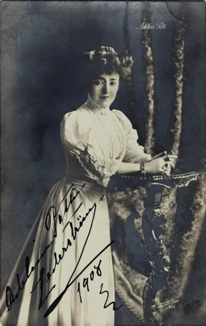 Autographed, original Photo Postcard, 19th.cen. Opera Star ADELINA PATTI, 1908