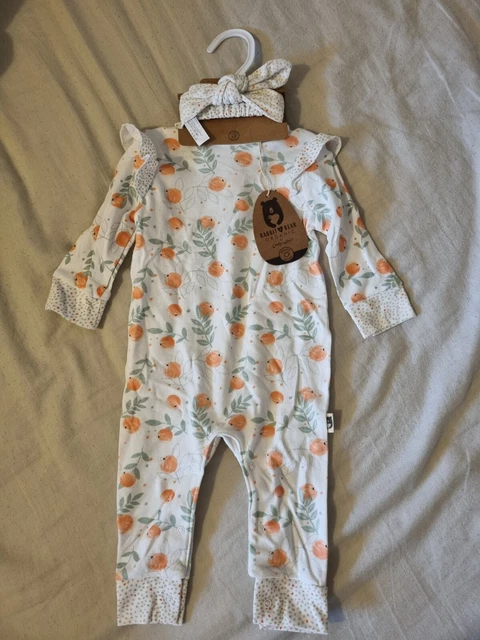 Peach Print Baby Girls Romper Set 6-9 Months Organic Cotton