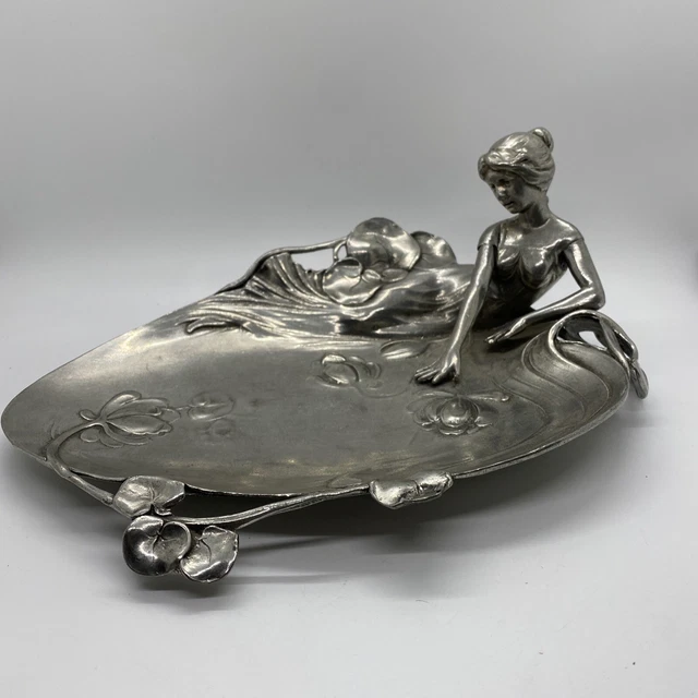 Vintage Art Nouveau Girl Card Tray - Pewter Silver Tone Achille Gamba (Italy)
