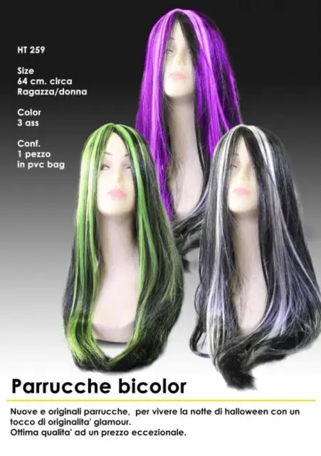 Parrucca nera  bianca nera e viola nera e verde capelli lunghi donna