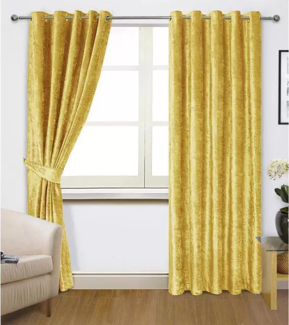 Crushed Velvet Ready Made Eyelet Ring Top Curtains Fully Lined Pair with Tieback