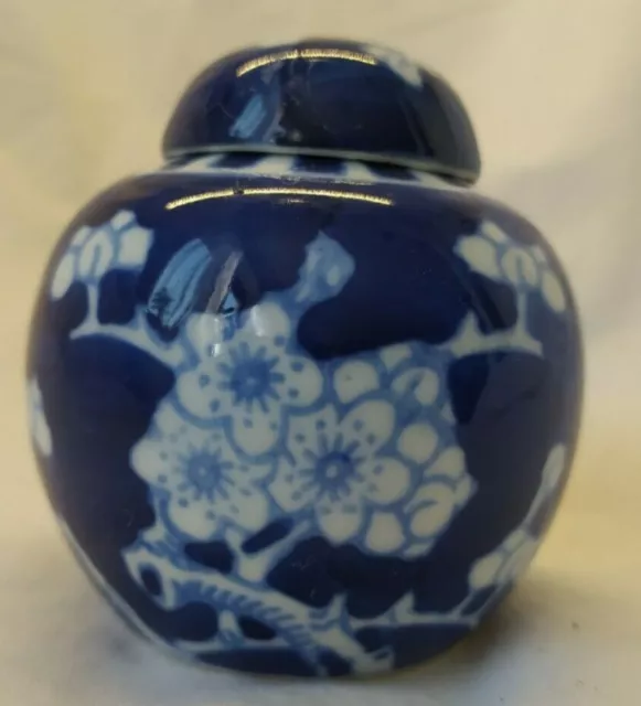 Vintage Ginger Jar Blue White Prunus Pattern 3" Small 1980s Chinese 