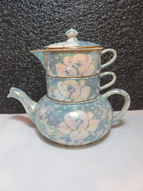 Vtg Royal Winton Grimwades blue brocade chintz stacking teapot very nice