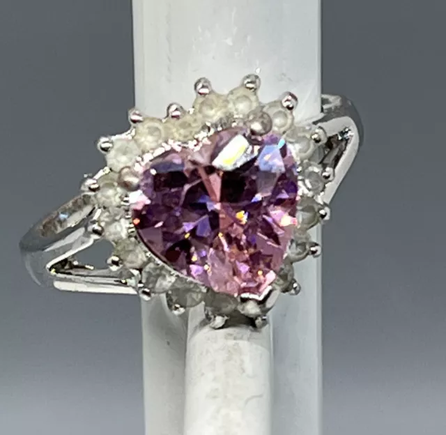 VTG SZ 9.75” Heart RING Pink June Birthstone Gorgeous!  See Photos