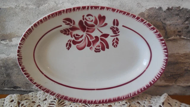 Ancien Petit Ravier Plat  Decor Bouquets De  Roses  Rouges