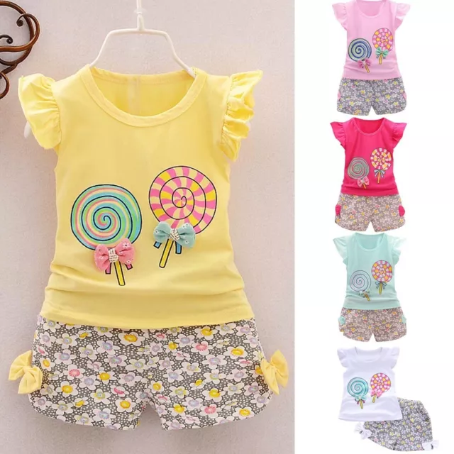 2PCS Toddler Kids Baby Girls Outfits Lolly T-shirt Tops+Short Pants Clothes Set