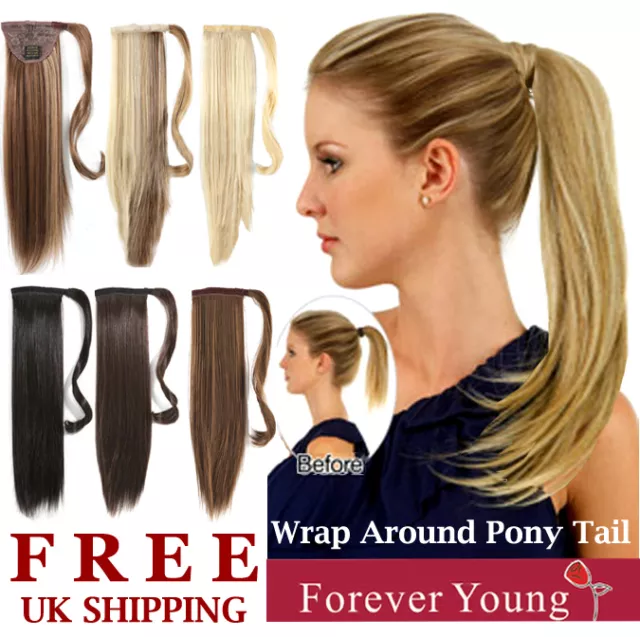 Clip In Ponytail Hair Extension Wrap On Pony Thick Hair Piece Straight Wavy UK