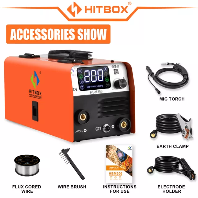 HITBOX 2in1 Inverter Mig Welder IGBT MMA DC 200amp Gasless Mig Welder 220V