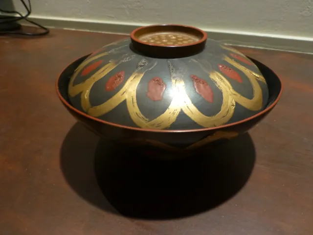 Great Vintage asian-chinese / japanese lacquerware covered bowl [Y8-W7-A9]