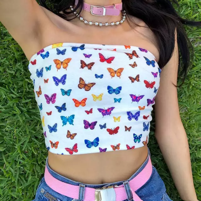 One-word collar butterfly print wrapped chest T-shirt vest female women's casual