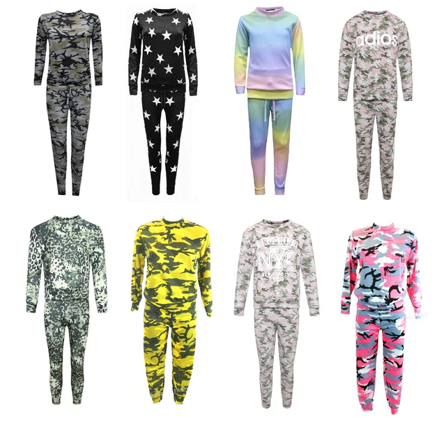 Girl's Kids Army Camouflage Print Loungewear Tracksuit Jogging Set Ages 2-13yrs