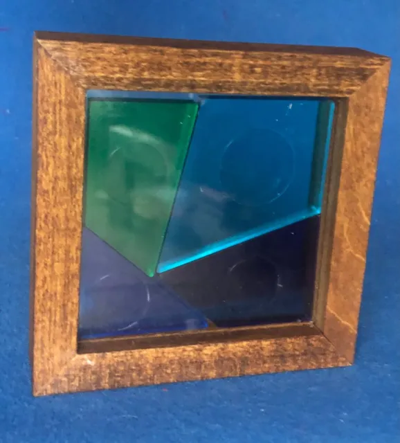 Vintage Plastic & Wood Square Puzzle with Frame 4 inches Stained Glass Effect