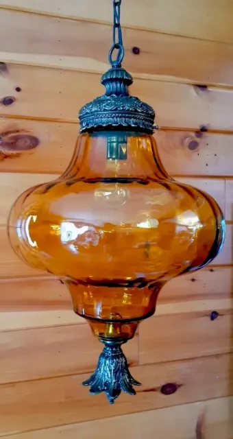 Vtg/Antique 1960's-70's Retro MCM Amber Glass Hanging Swag Chain Lamp Light 3