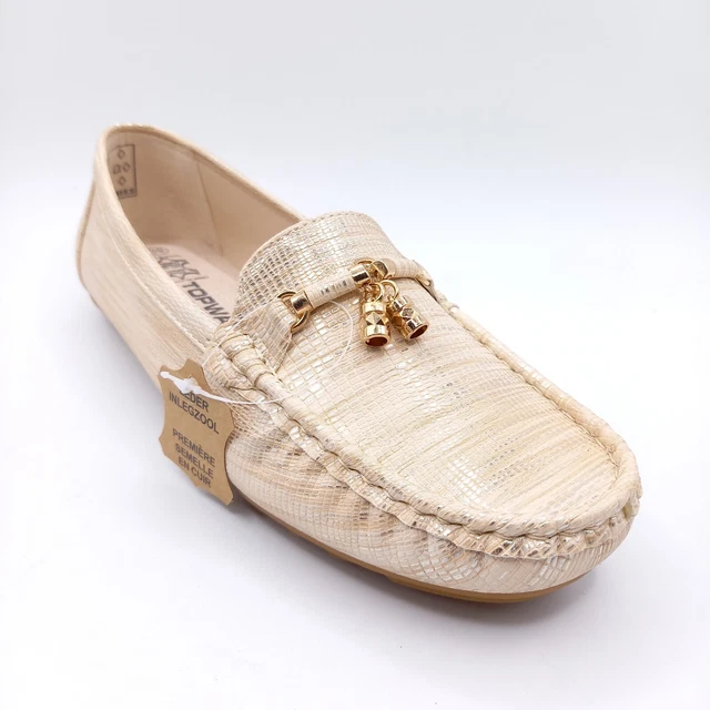 Mocassins Cuir Richelieu Chaussures Femme - 36 37 et 39 - Pompons Beige Or