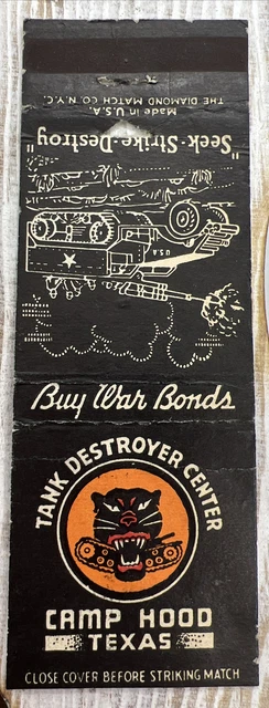 CAMP HOOD TEXAS Advertising Matchbook Military Tanks USA SEEK STRIKE DESTROY Old CAMP HOOD TEXAS Advertising Matchbook Military Tanks USA SEEK STRIKE DESTROY Old