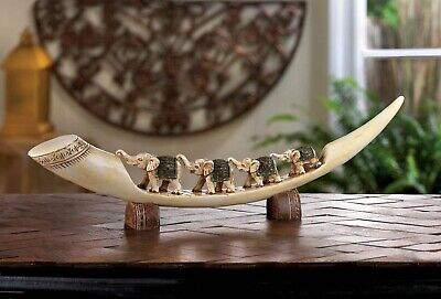 Green Carved Asian African Elephant Tusk Figurine Tabletop Wild Statue Sculpture
