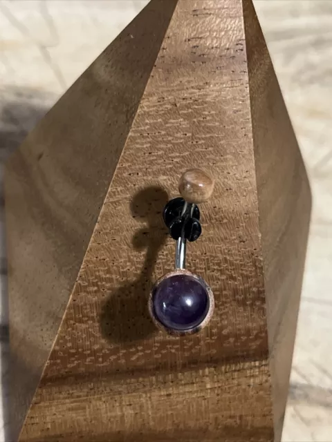 14G Olive Wood & Amethyst Belly Ring 1.6Mm Naval Bar Boho Organic Jewelry