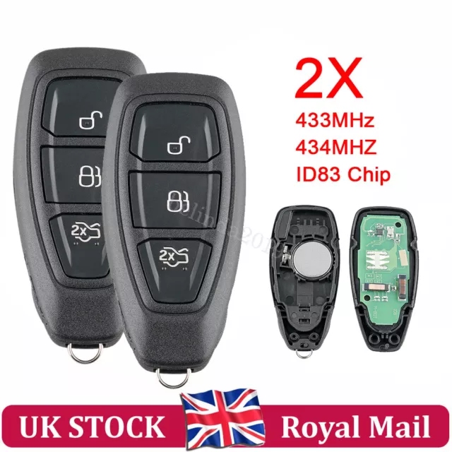 2 For Ford Focus Mondeo Fiesta Kuga C-Max 3 Button Remote Smart Key Fob 433MHz