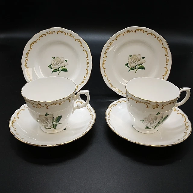 Crown Staffordshire Bone China White Rose Trio Sets x2 Tea Cup/Saucer/Side Plate