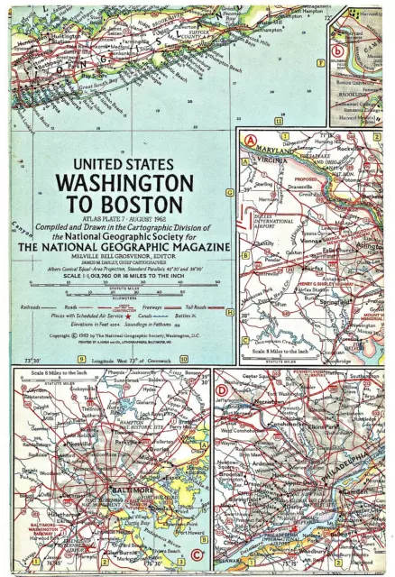 1962-8 August Vintage Map WASHINGTON TO BOSTON National Geographic EUC - A3+