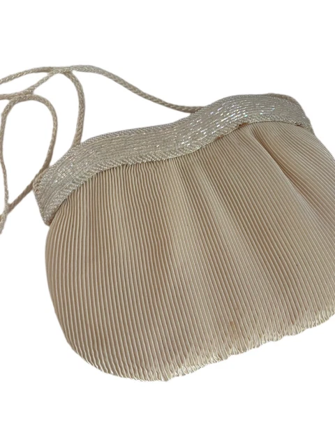 CAROLYNE Barton Cream Satinee Pleated Evening Bag Clutch - Glass Bead Accents