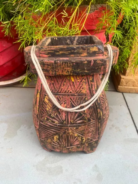1700's Ancient Old Wooden Carved Painted Rare Beautiful Shape Pot Himachal Pot