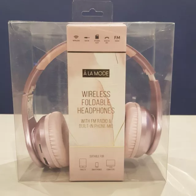 A La Mode Wireless Foldable Headphones Pink, FM Radio, Built In Mic - NEW IN BOX