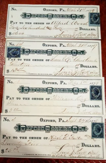 Oxford Pennsylvania Lot Of 9 Checks 1878-1883 ~  All With Revenue Stamps