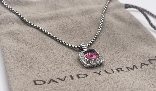 David Yurman Petite Albion 7mm Pendant Necklace w Pink Tourmaline and Diamonds