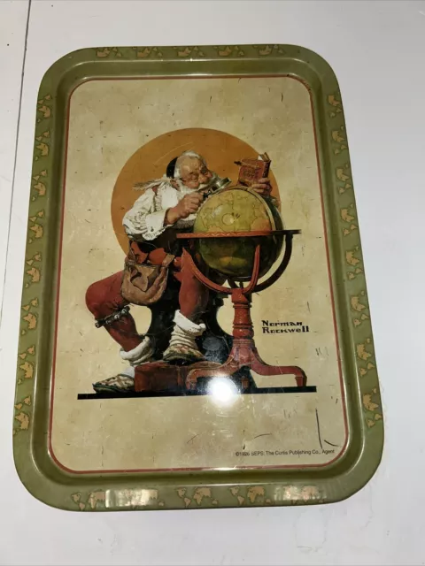 Norman Rockwell Metal Serving Tray, Santa Clause and the Globe  used