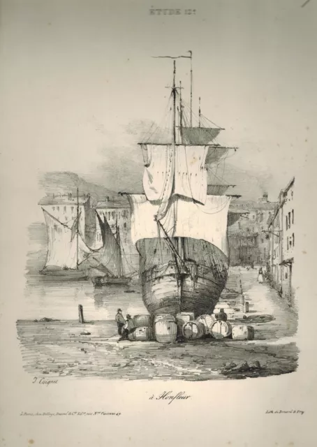 Jules Coignet-Lithographie de Bénard & Frey-A honfleur-Bateau-Etude 12e