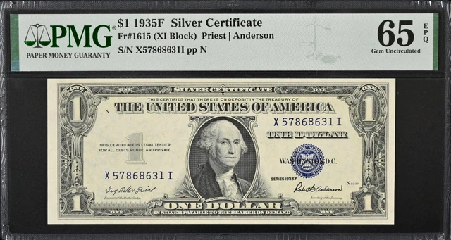 1935-F $1 Silver Certificate Fr# 1615 "Xi" Block Sn#X57868631I Pmg 65 Epq "Gem"