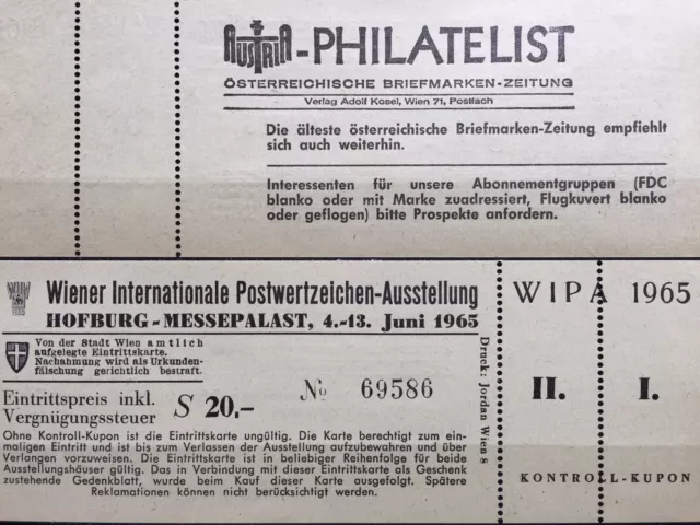 WIPA 1965 Eintrittskarte Wiener Postwertzeichen Ausstellung Hofburg Messepalast