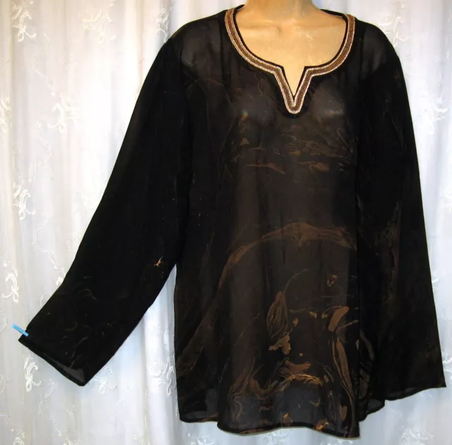 New Sz 3 Chico's Black/Gold Beaded V-Neck Semi Sheer Flowy Poly Tunic Top Blouse