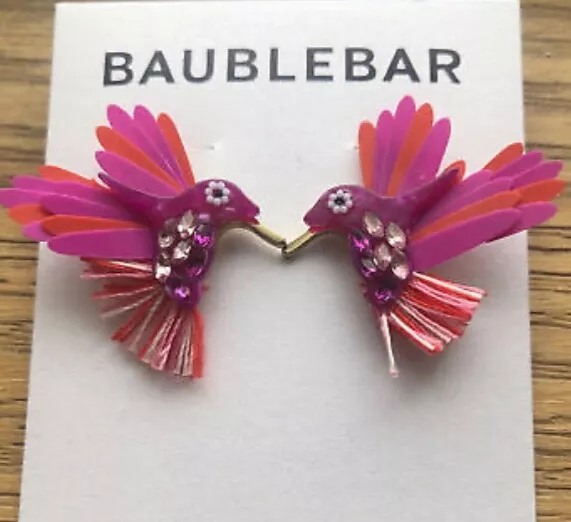 Baublebar Gold Fuchsia Hummingbird Stud Earrings Marquise Crystal Accents NWT