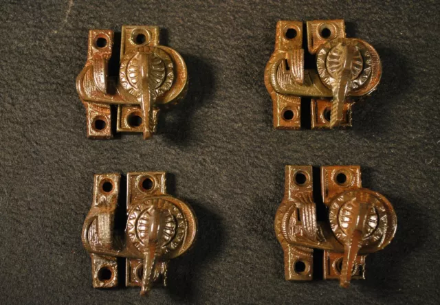 4 SETS ANTIQUE ORNATE EASTLAKE VICTORIAN WINDOW SASH LOCKS CAST IRON w KEEPERS